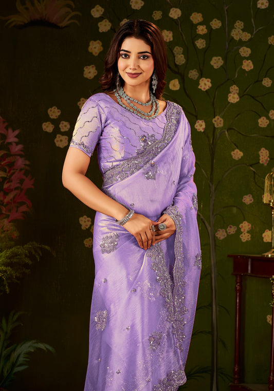 Handcrafted Lavender Regal Bloom Soft Tissue Saree front view with floral embellishments.
