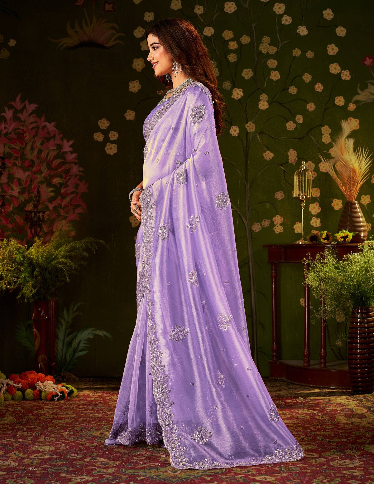 Side view of Handcrafted Lavender Regal Bloom Soft Tissue Saree.