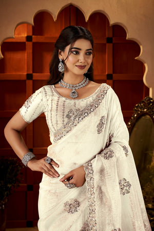 Ivory White Floral Motif Saree