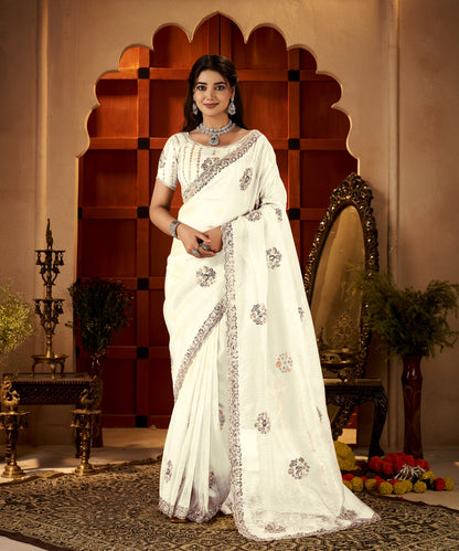 Chhoga Ivory White Floral Motif Saree elegant front pose