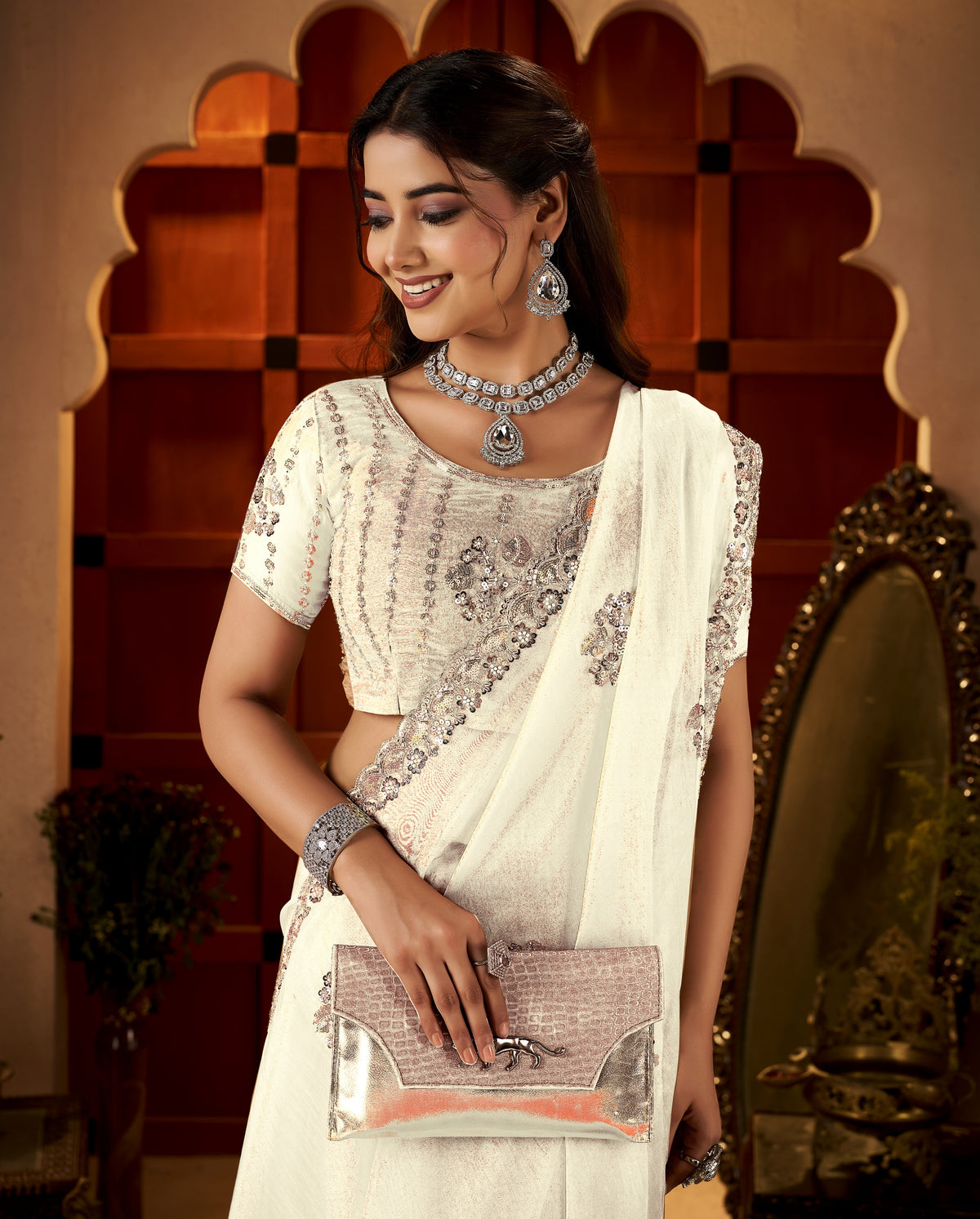 chhoga ivory white floral motif saree pleats with elegant hand embellishments