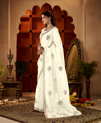 Chhoga Ivory White Floral Motif Saree side profile highlighting graceful drape
