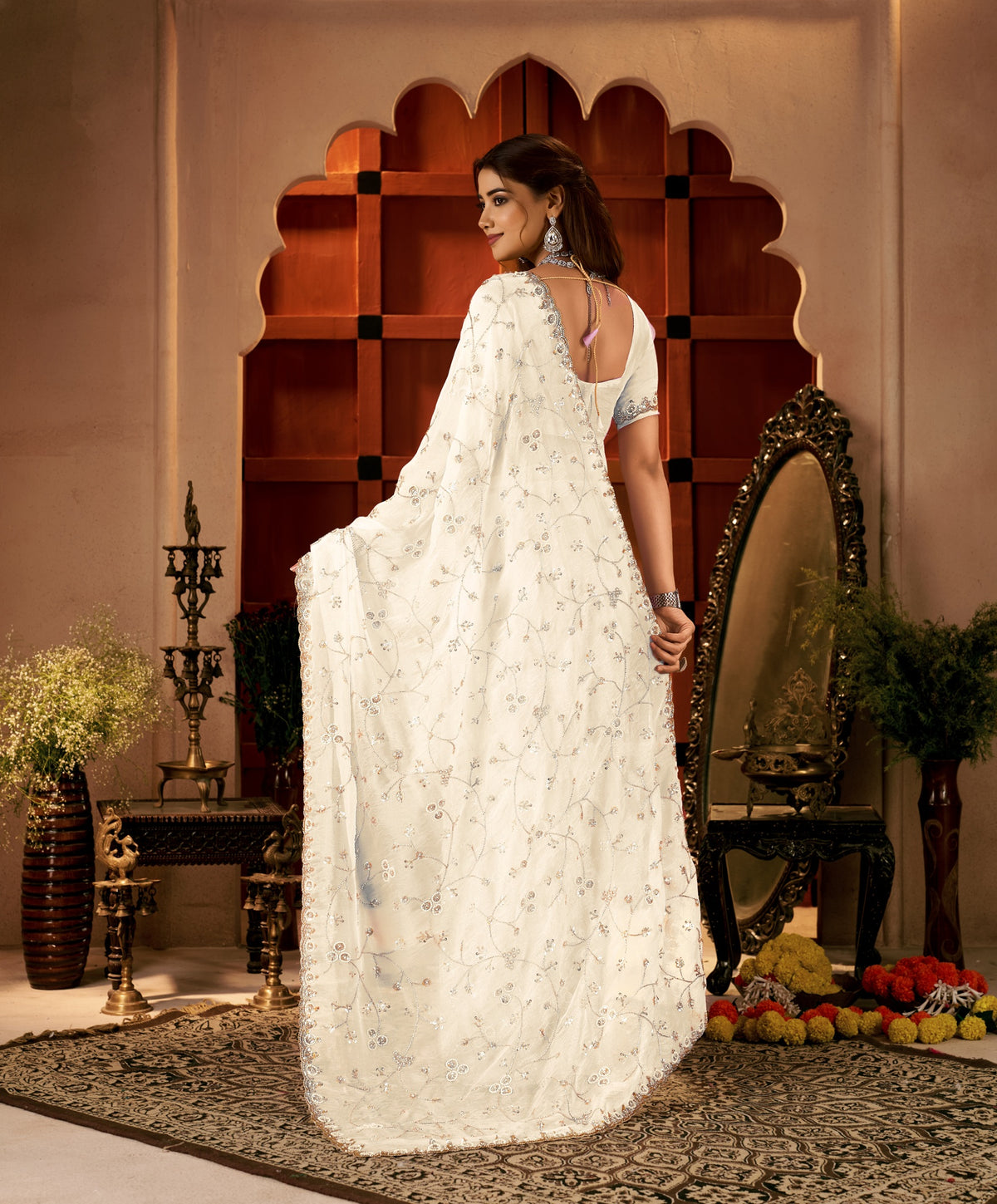 Chhoga Ivory White Floral Vine Tissue Silk Hand Work Saree back view