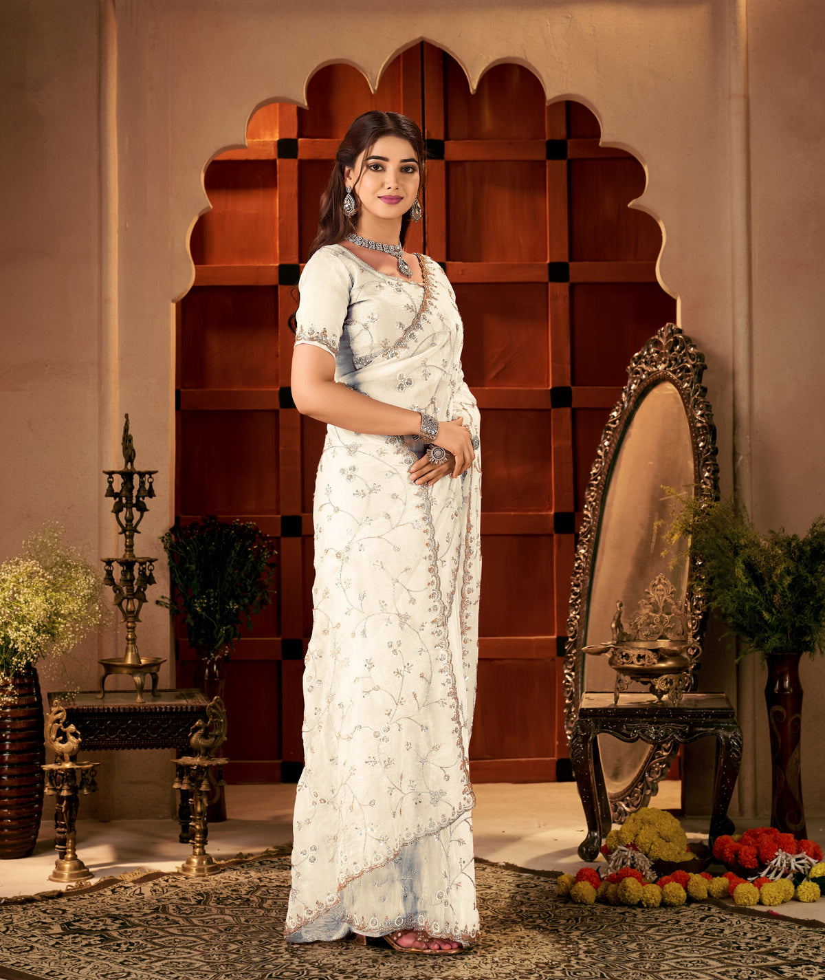 Chhoga Ivory White Floral Vine Tissue Silk Hand Work Saree full front view