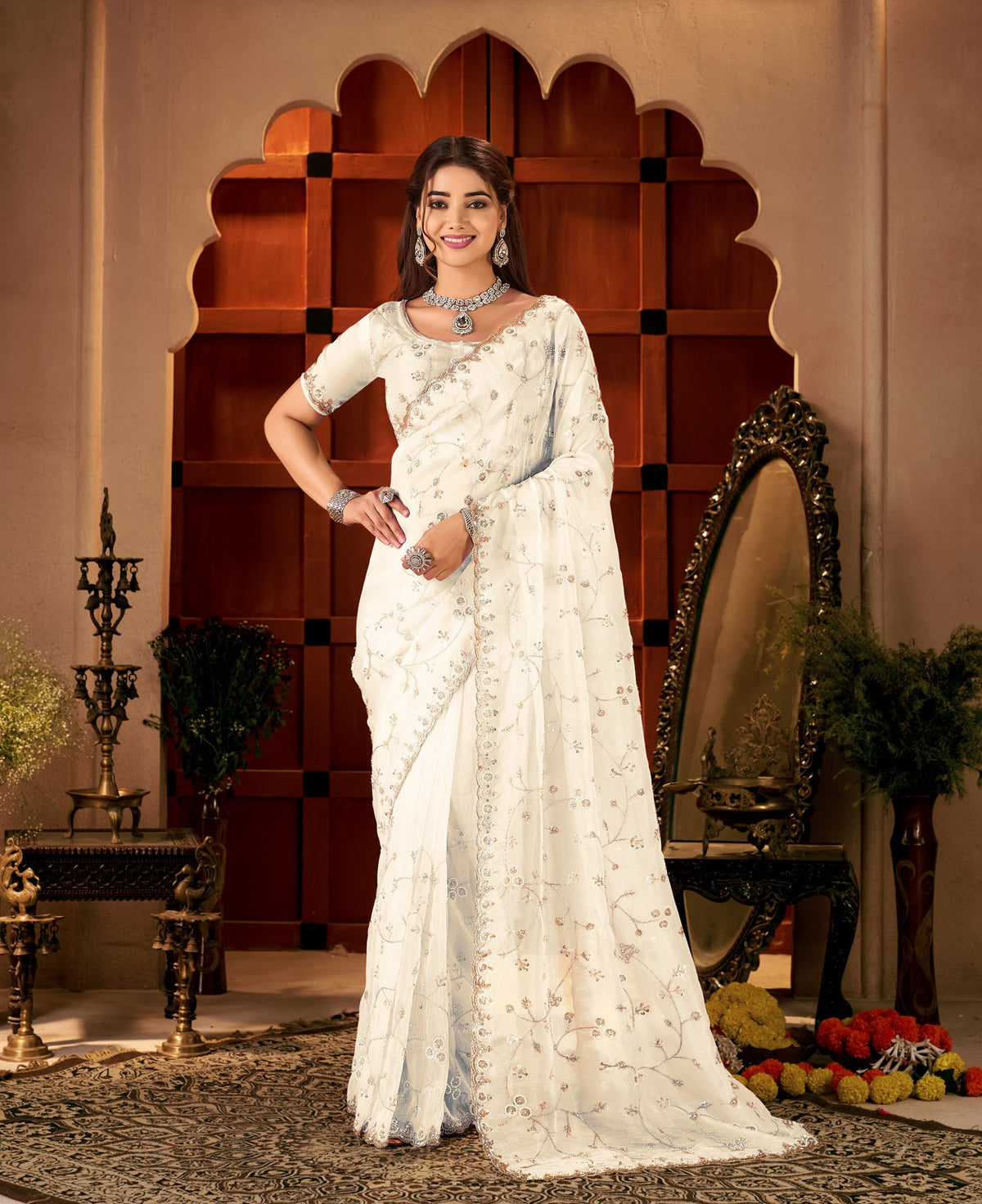 chhoga ivory white designer tissue silk saree with embellished border full length view