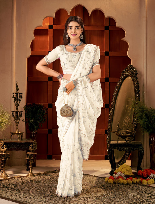 Chhoga Ivory White Floral Vine Tissue Silk Hand Work Saree full front view