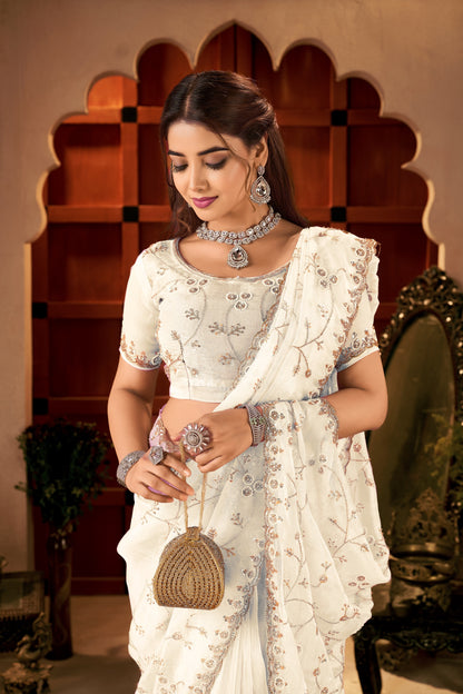 Chhoga Ivory White Floral Vine Tissue Silk Hand Work Saree half view with elegant bead embellishments