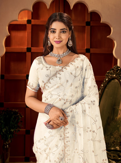 Chhoga Ivory White party wear Tissue Silk Saree with scalloped border and hand work