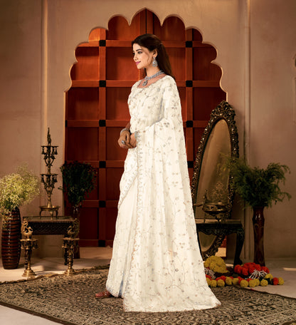 Chhoga Ivory White Tissue Silk Saree pallu with intricate floral vine bead embellishments