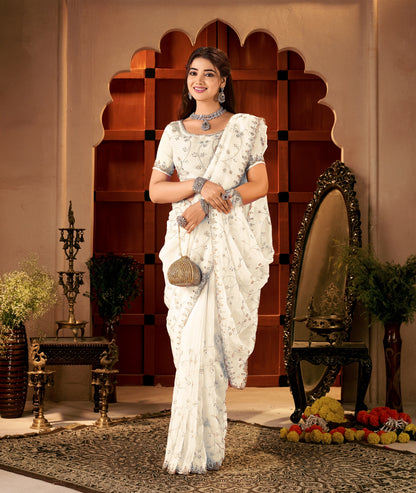 Chhoga Ivory White Tissue Silk Saree pleats showcasing elegant floral vine hand work