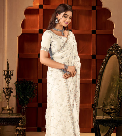 Chhoga Ivory White Tissue Silk Saree side profile highlighting graceful drape