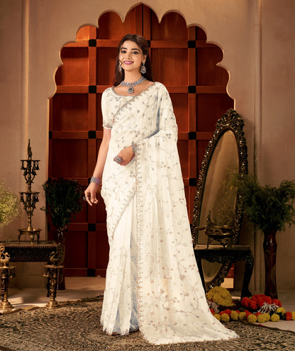 Chhoga Ivory White Floral Vine Tissue Silk Hand Work Saree stylish festive look