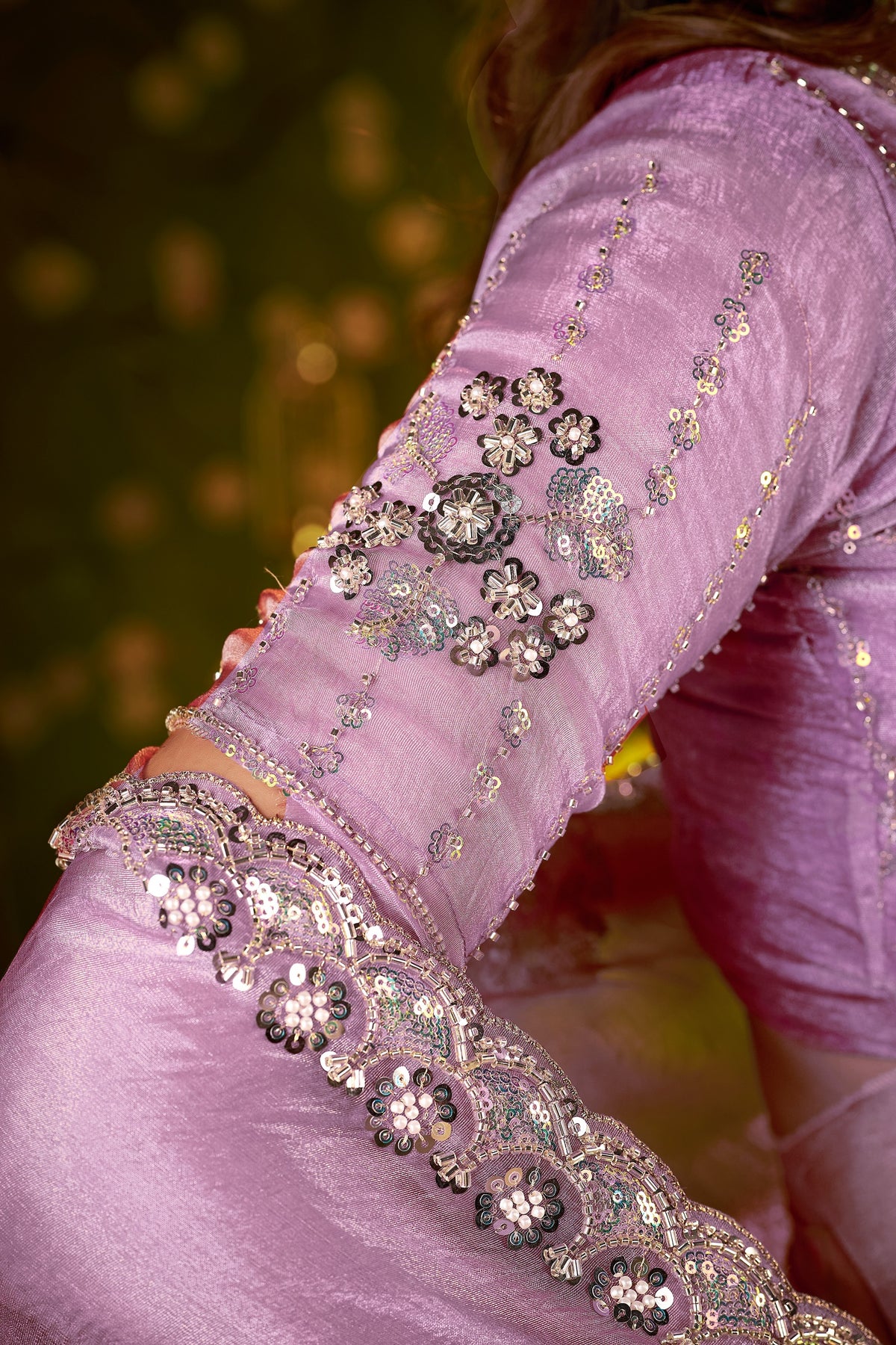 chhoga lavender tissue silk blouse piece matching floral motif saree