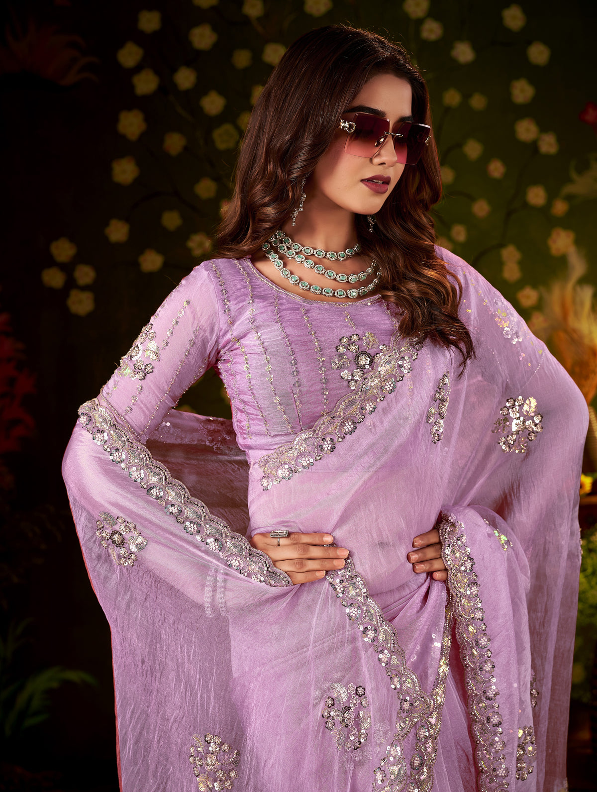 Chhoga Lavender Floral Motif Saree floral design with hand embellishments and bead work