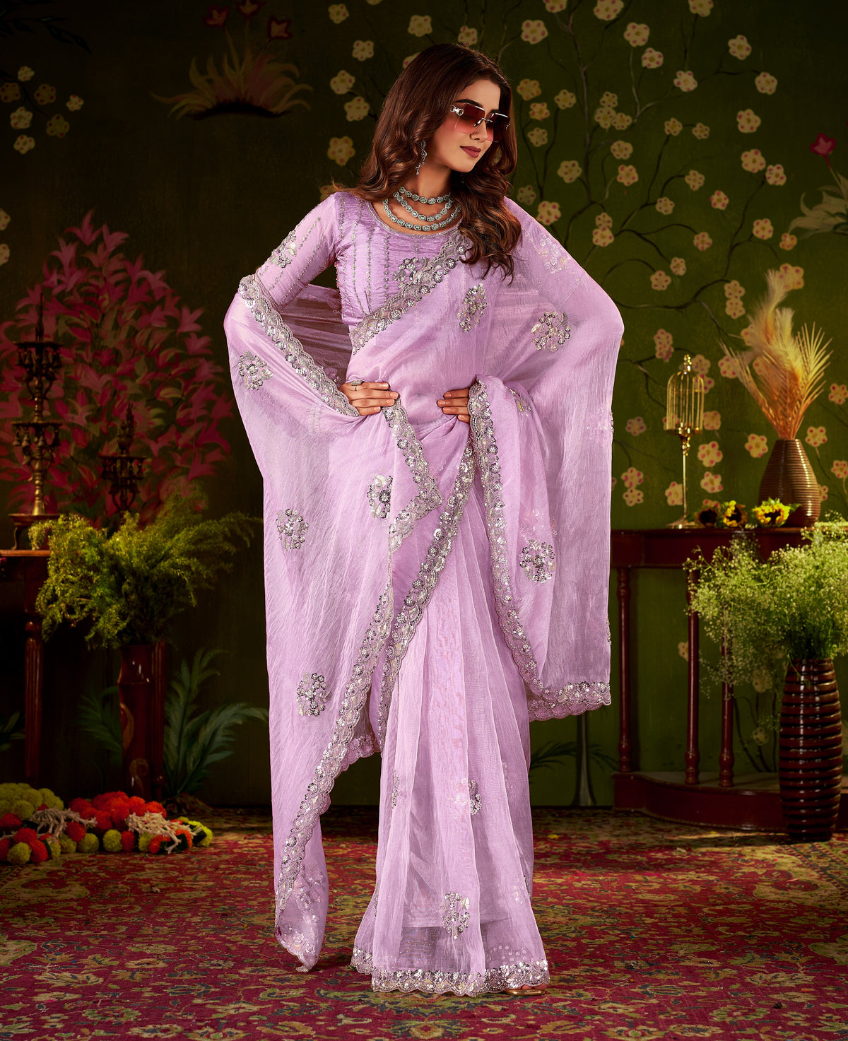 Chhoga Lavender Floral Motif Saree festive designer look