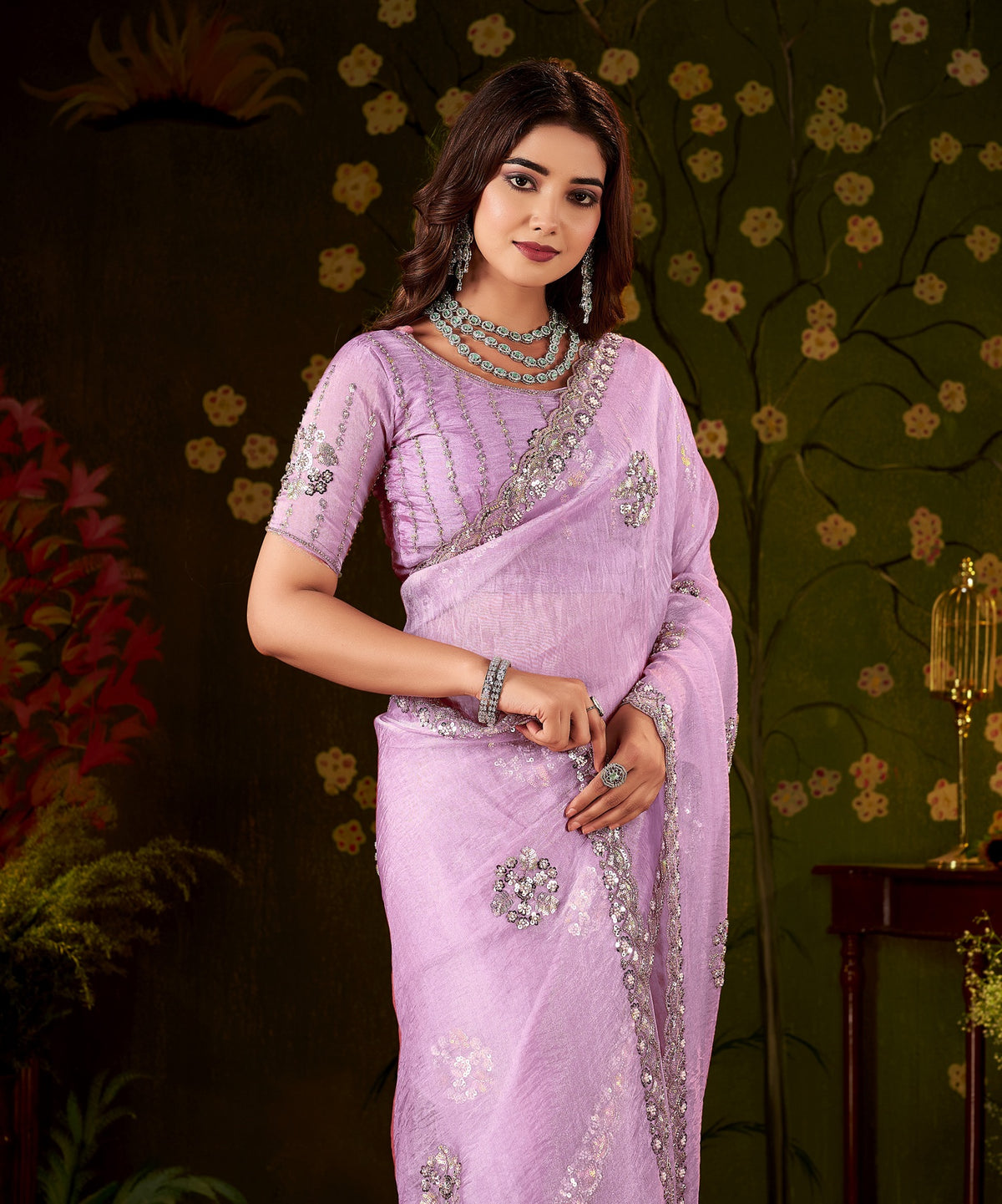 chhoga lavender floral motif saree elegant front pose