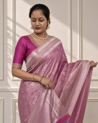 Rose Pink Banarasi Silk Saree with Floral Jaal & Rich Woven Border