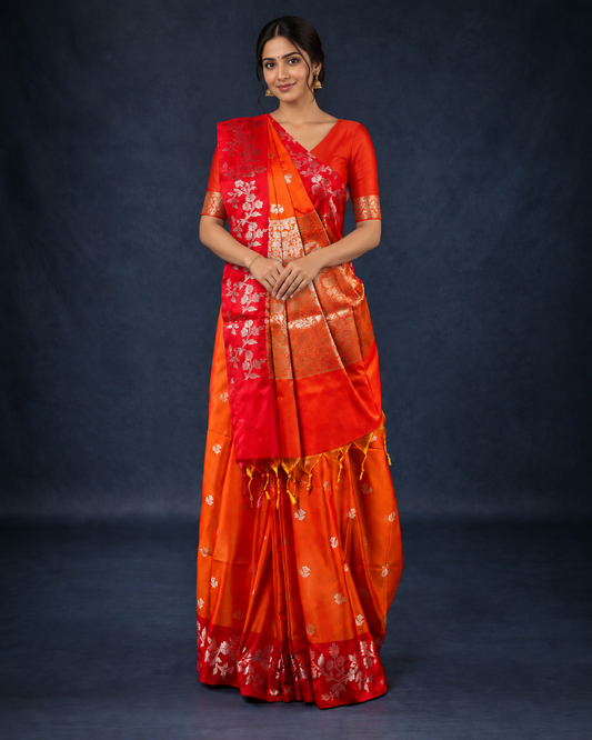 Red Orange Open Border Meenakari Floral Butta Saree