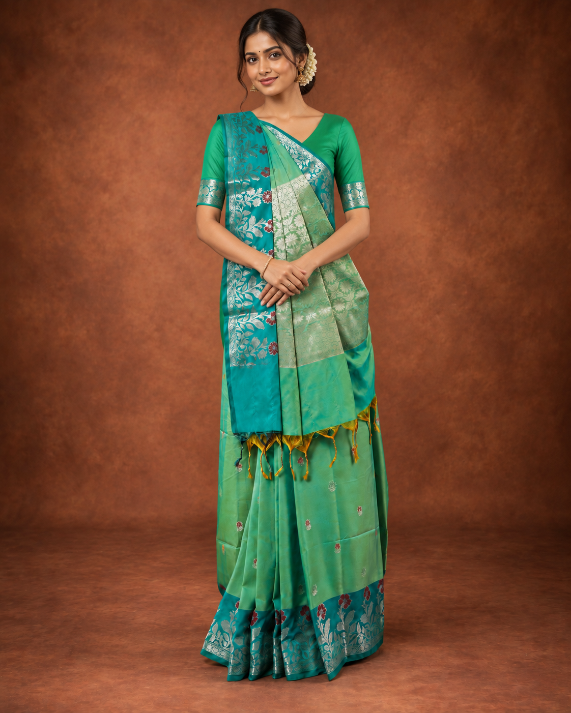 green a silk fancy open border butty self saree
