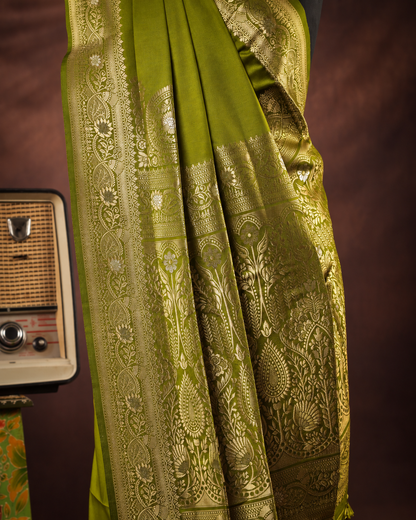 An olive green silk saree with intricate gold zari woven patterns, draped elegantly next to a vintage radio against a dark brown background.