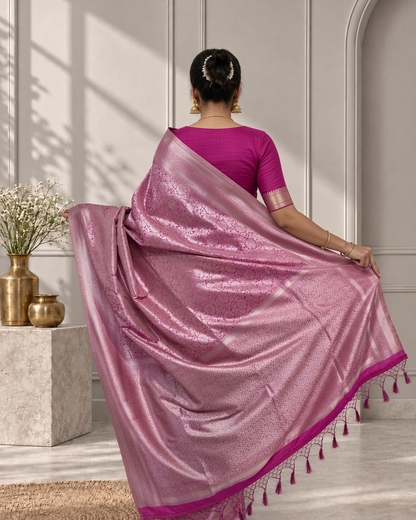 Rose Pink Banarasi Silk Saree with Floral Jaal & Rich Woven Border