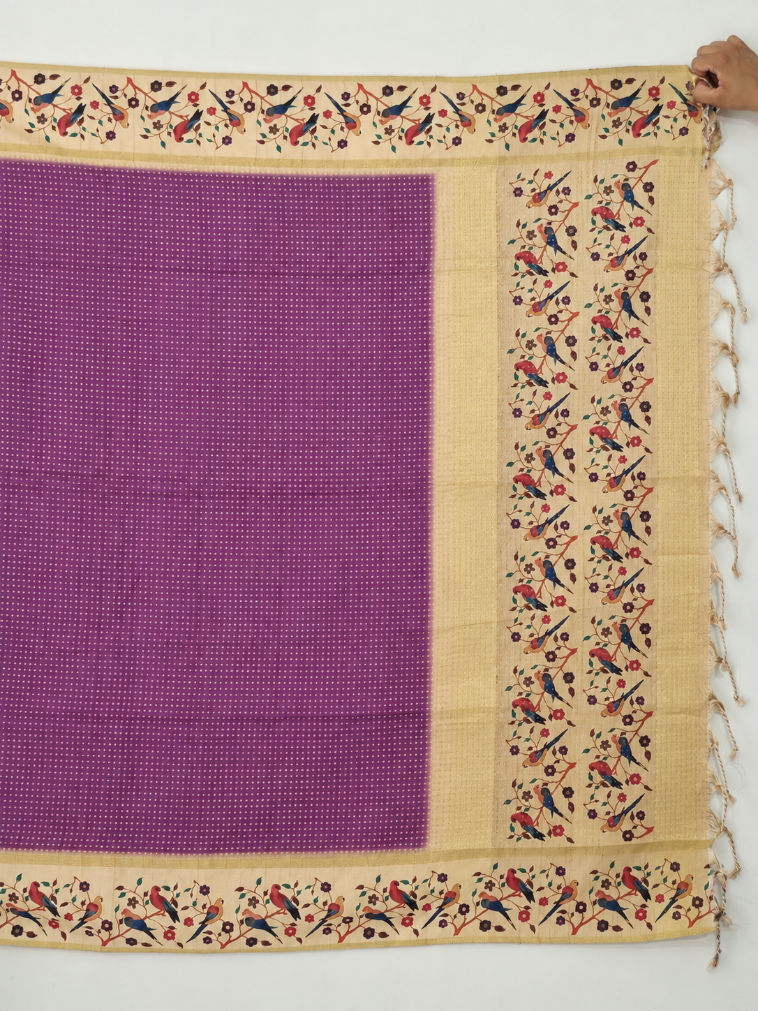 bird & floral print muted plum purple tussar silk saree