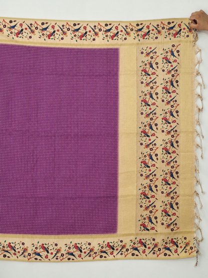 Bird & Floral Print Muted Plum Purple Tussar Silk Saree