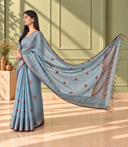 Pastel Blue Linen Saree with Hand Embroidered Kantha Work