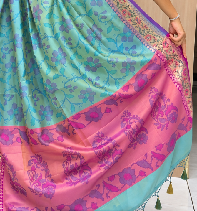 meadow bloom turquoise blue multicolour soft silk saree with meena border
