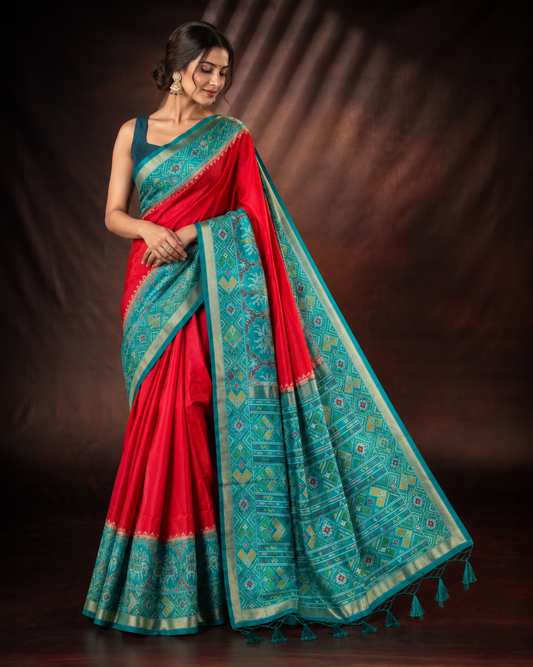Teal Blue & Rich Red Patola Silk Saree with Elephant Motif