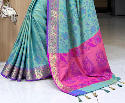 Meadow Bloom Turquoise Blue Multicolour Soft Silk Saree with Meena Border