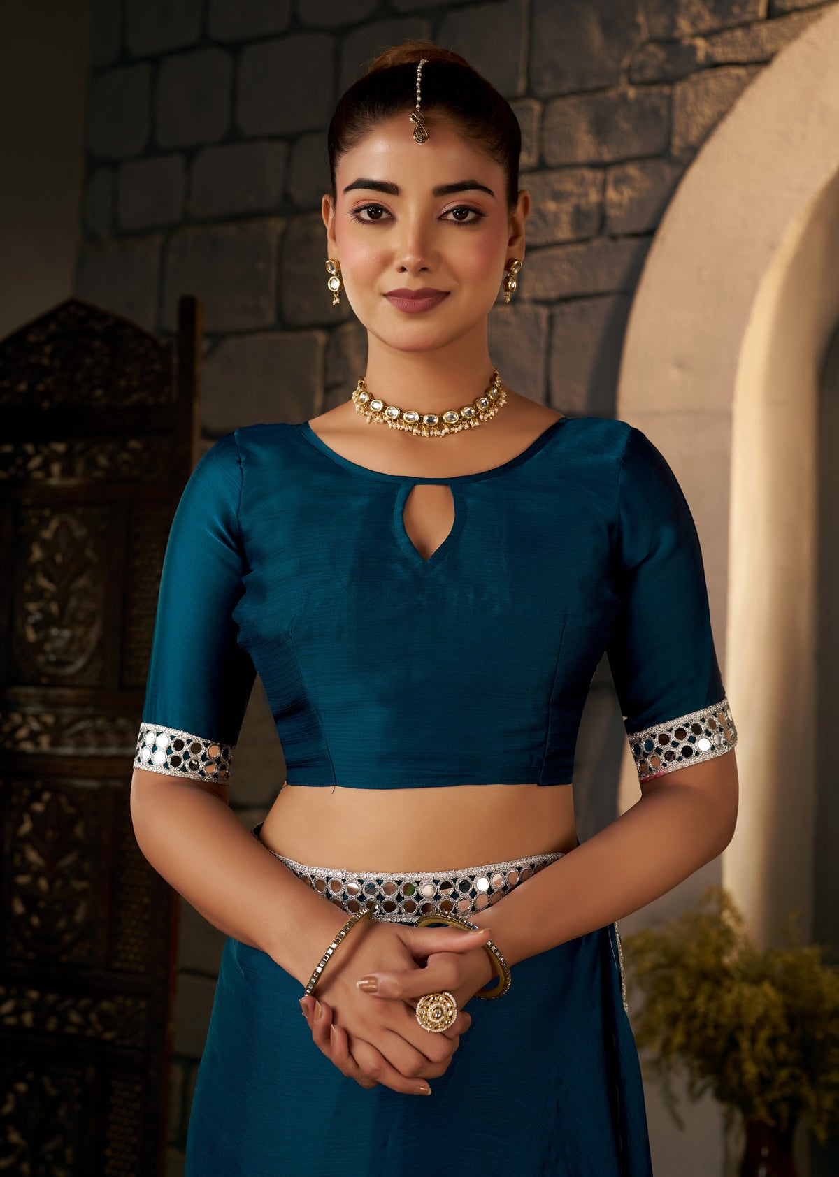 Matching blouse front with Peacock Blue Ethnic Saree