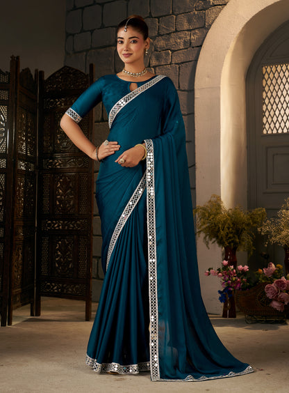 Peacock Blue Ethnic Saree with Silver Mirror Work for festive celebrations