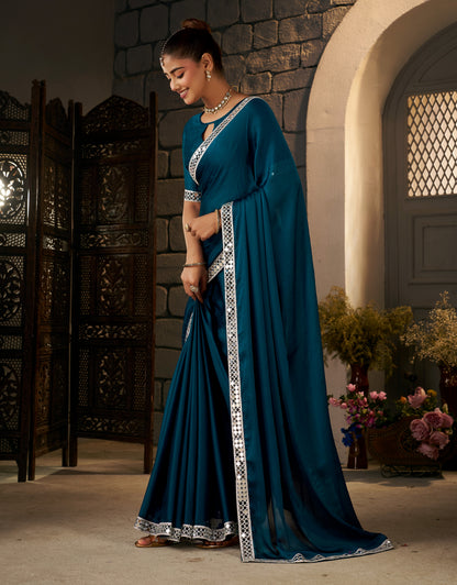 Pleats view of Peacock Blue Ethnic Saree with Silver Mirror Work