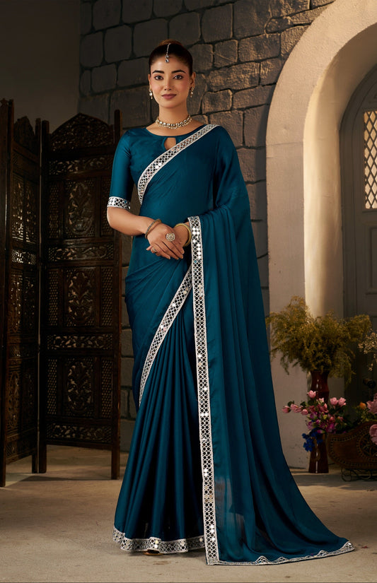 Peacock Blue Ethnic Saree with Silver Mirror Work front view by Chhoga