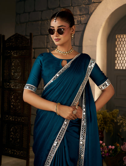 Stylish look in Peacock Blue Ethnic Saree with Silver Mirror Work by Chhoga