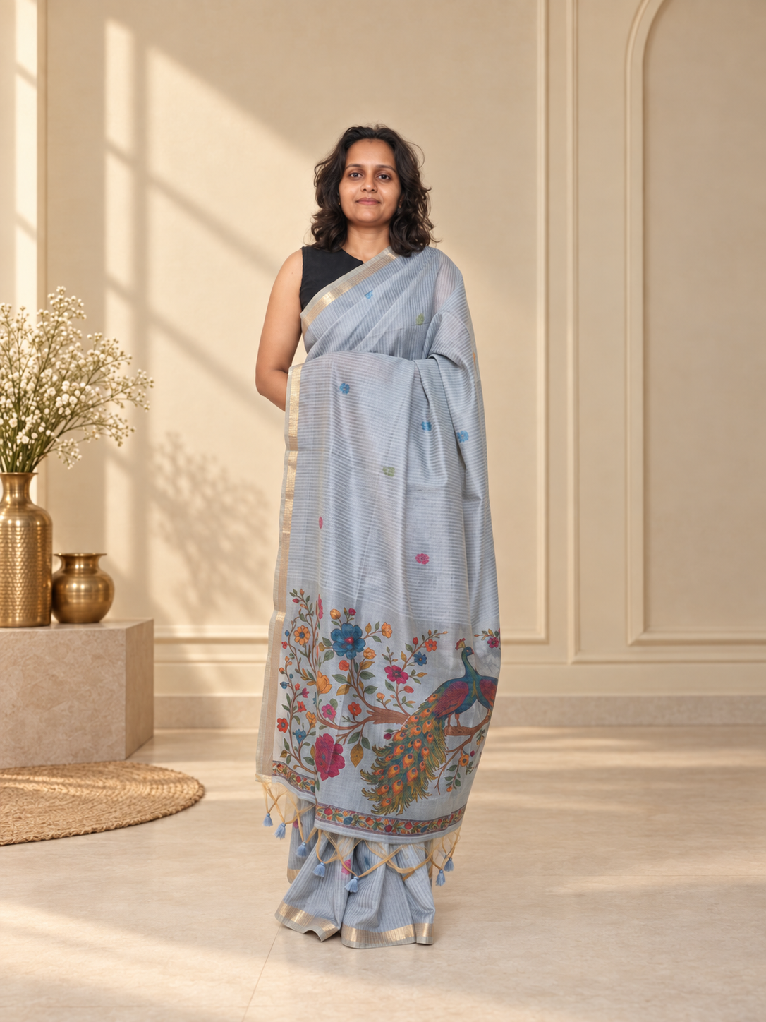 Powder Blue Peacock Kalamkari Woven Saree with Gold Stripe Detailing