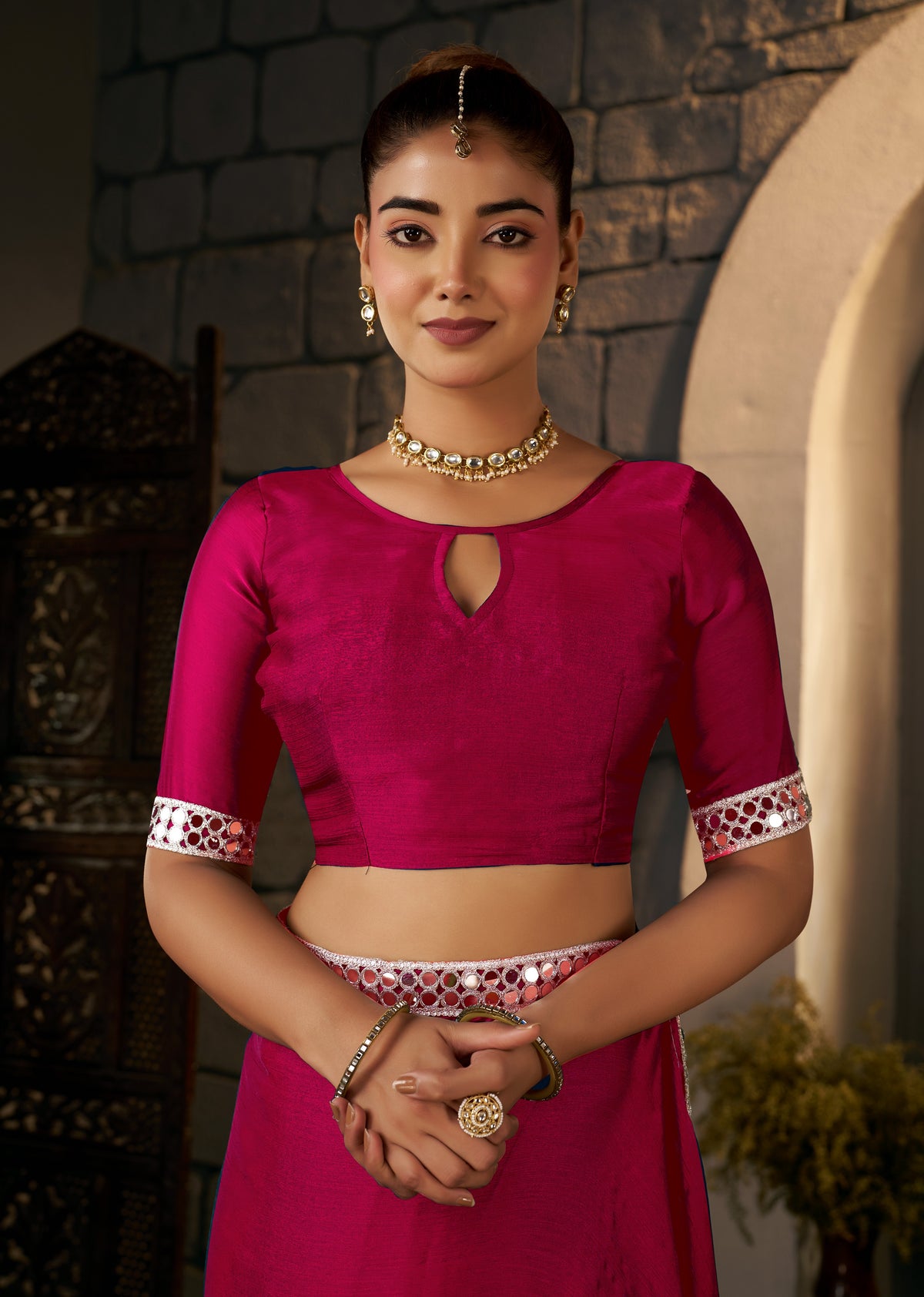 Matching blouse front with Pink Ethnic Saree