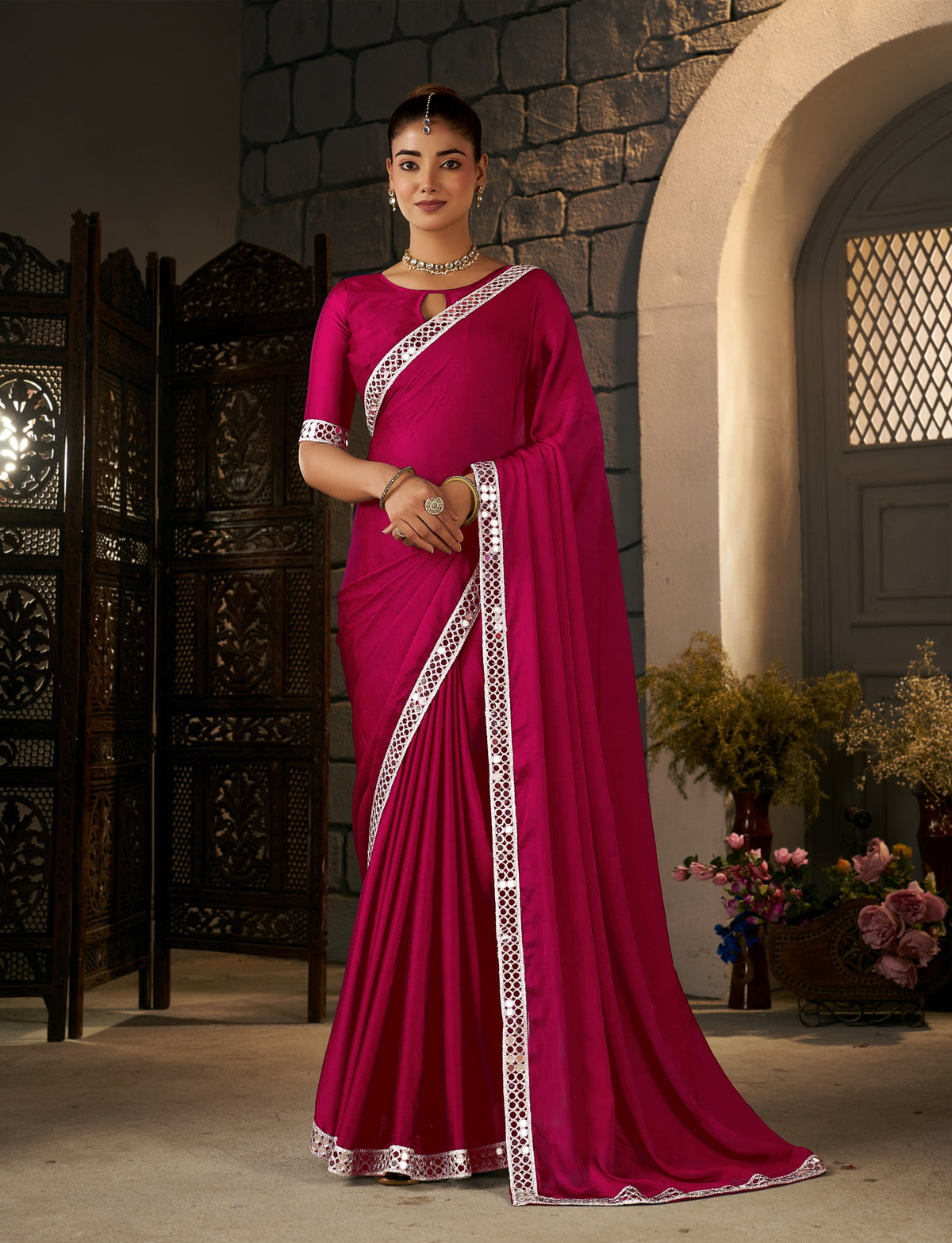 complete look of pink ethnic saree with silver mirror work by chhoga