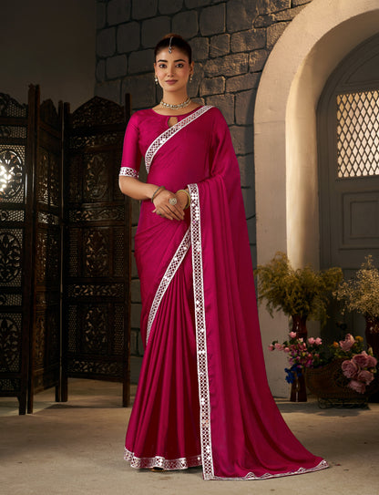 Complete look of Pink Ethnic Saree with Silver Mirror Work by Chhoga