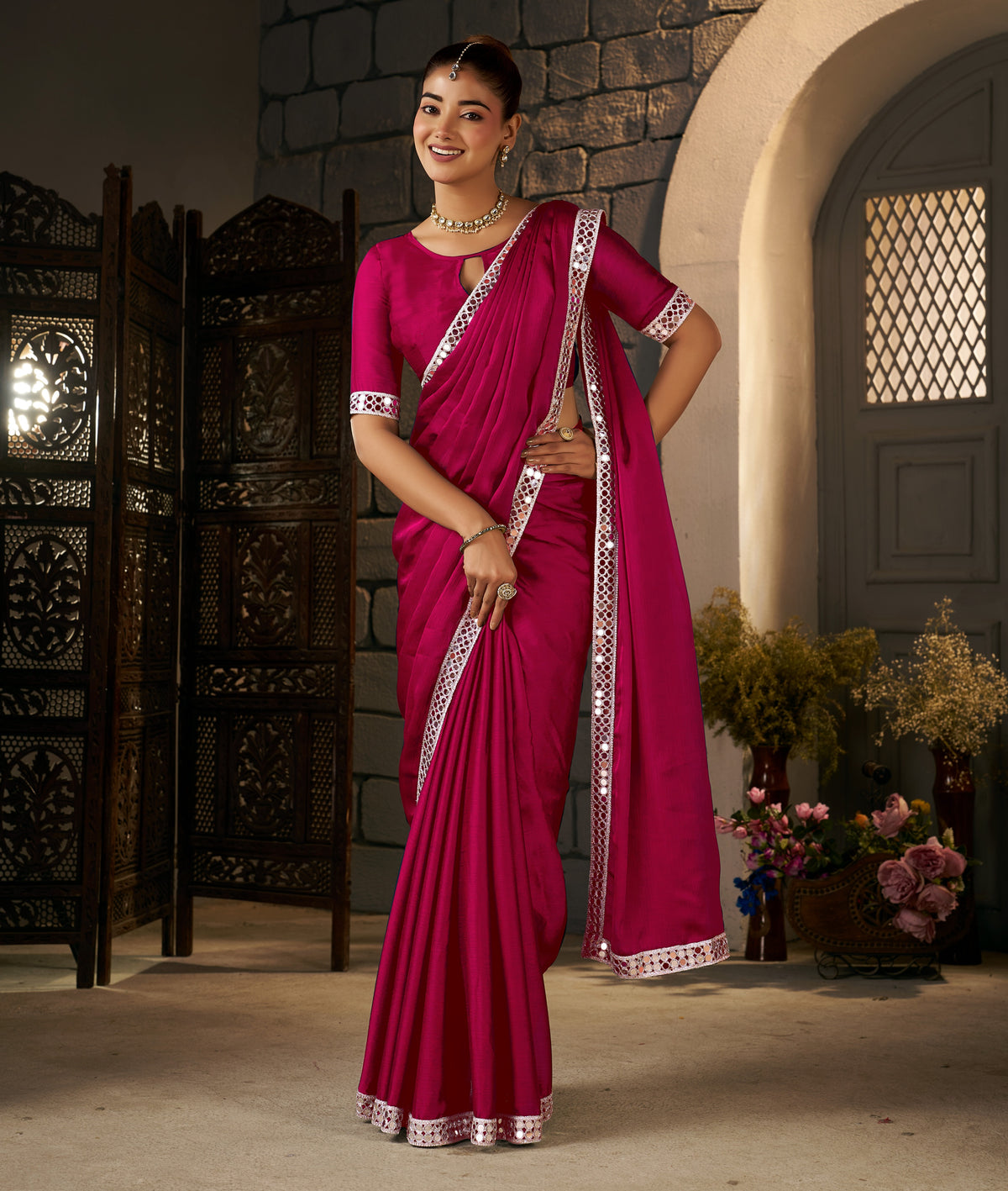 Pink Ethnic Saree with Silver Mirror Work for festive celebrations