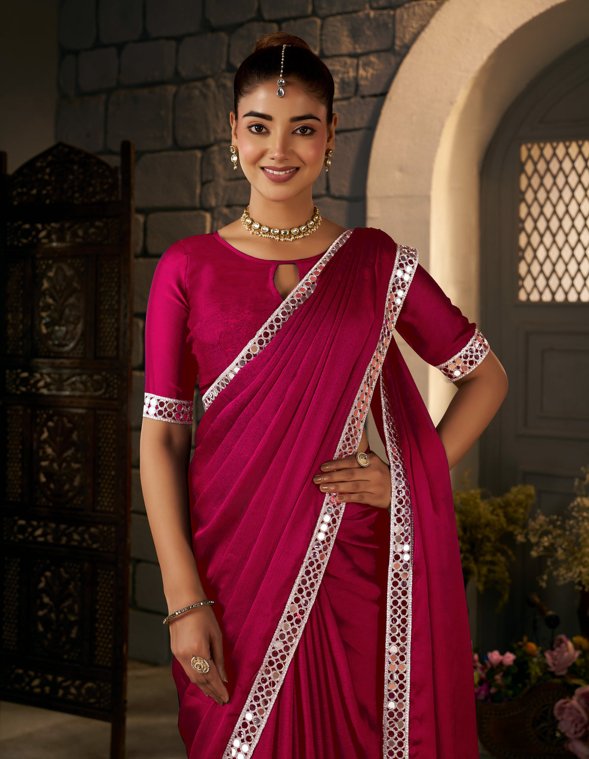 Pleats view of Pink Ethnic Saree with Silver Mirror Work