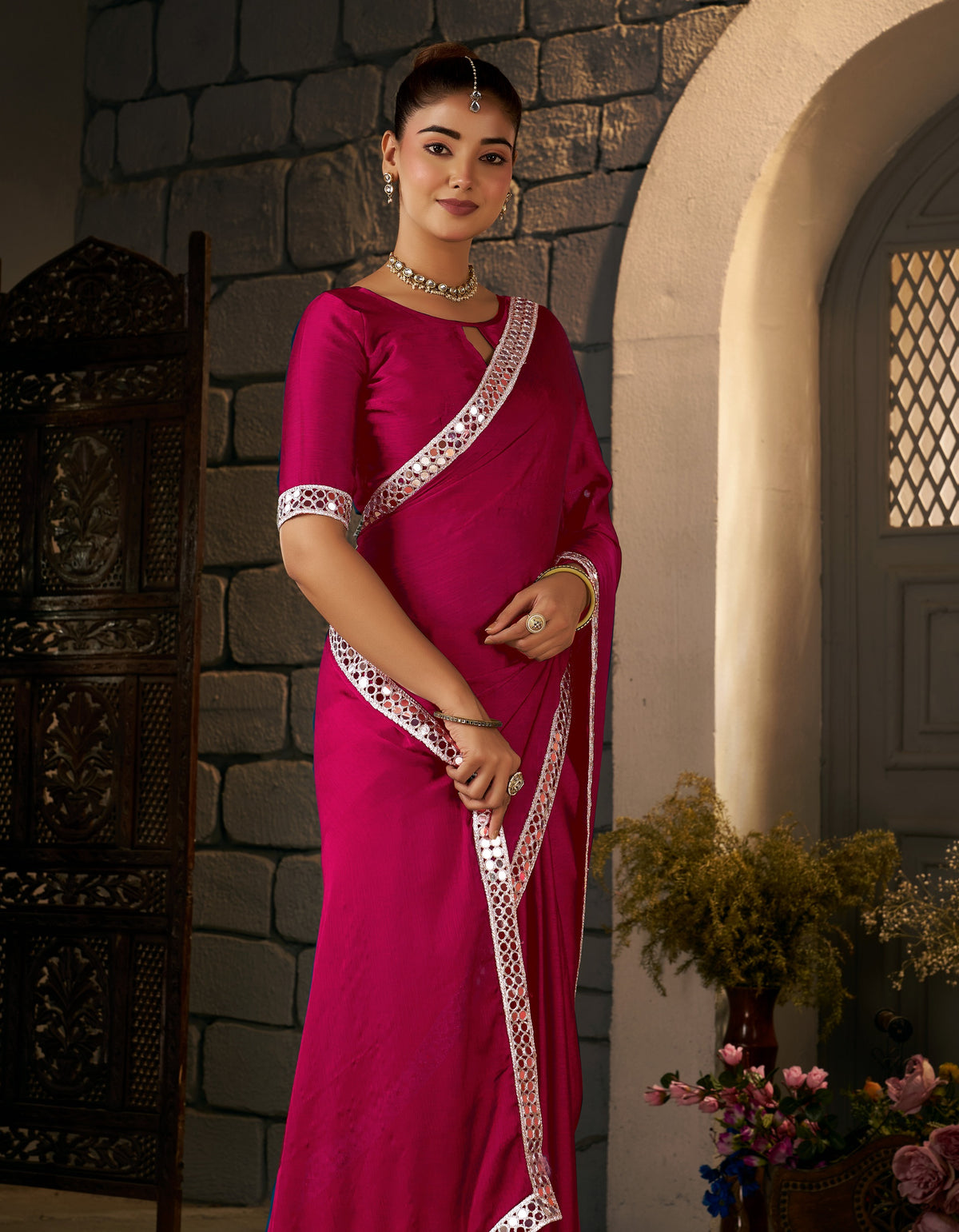 pink ethnic saree with silver mirror work front view by chhoga