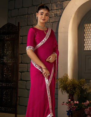 Pink Ethnic Saree with Silver Mirror Work