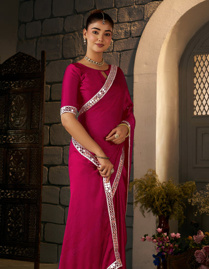 Pink Ethnic Saree with Silver Mirror Work front view by Chhoga