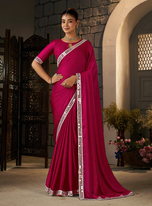 Full view of Pink Ethnic Saree with Silver Mirror Work