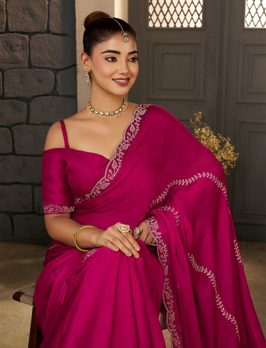 Pink Gold Stonework Designer Saree front view showcasing elegant gold stonework detailing by Chhoga.
