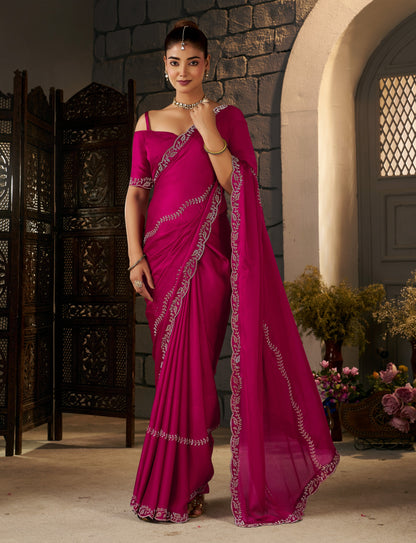 Full-length view of the Pink Gold Stonework Designer Saree with matching blouse piece.