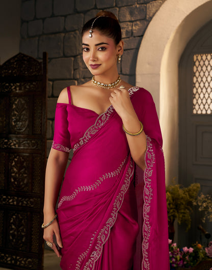 Half view of the Pink Gold Stonework Designer Saree highlighting its graceful drape.