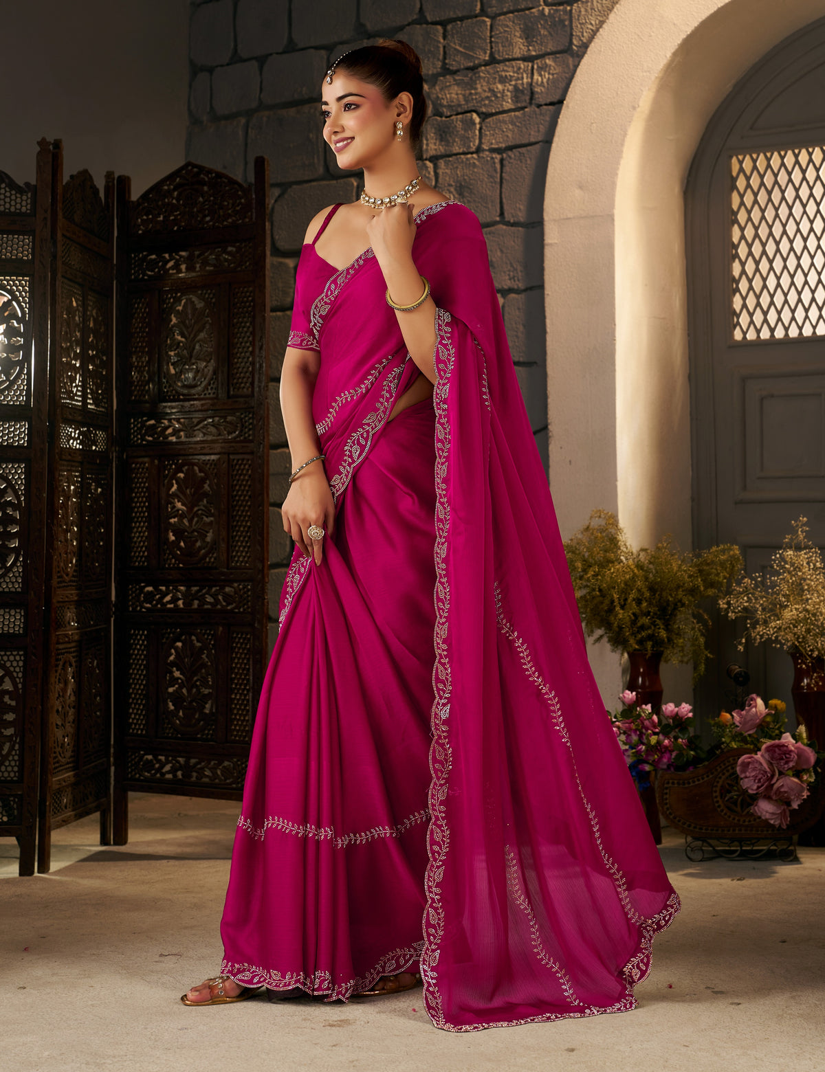 Pink Gold Stonework Designer Saree styled for parties, receptions, and celebrations.
